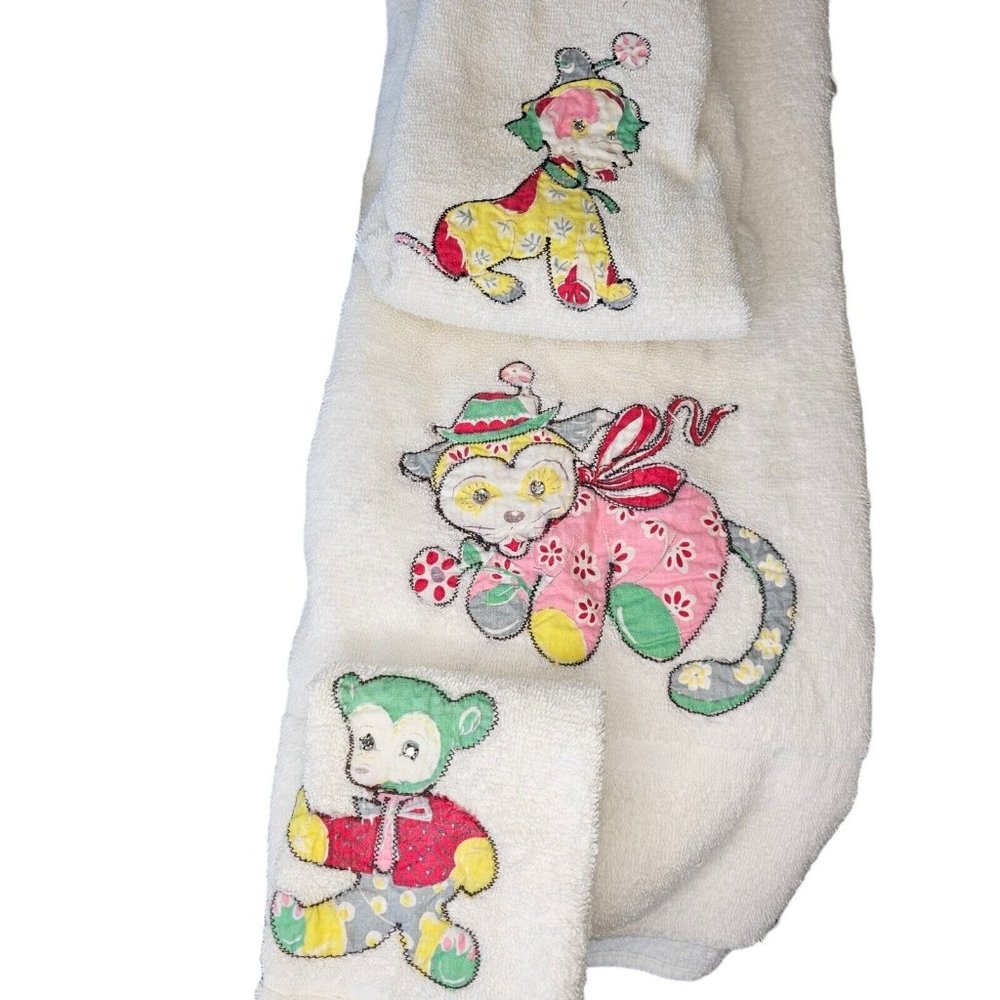 VTG Retro Kitschy Applique Animals 3 Pc Bath Towel Hand And Washrag Set‎ White